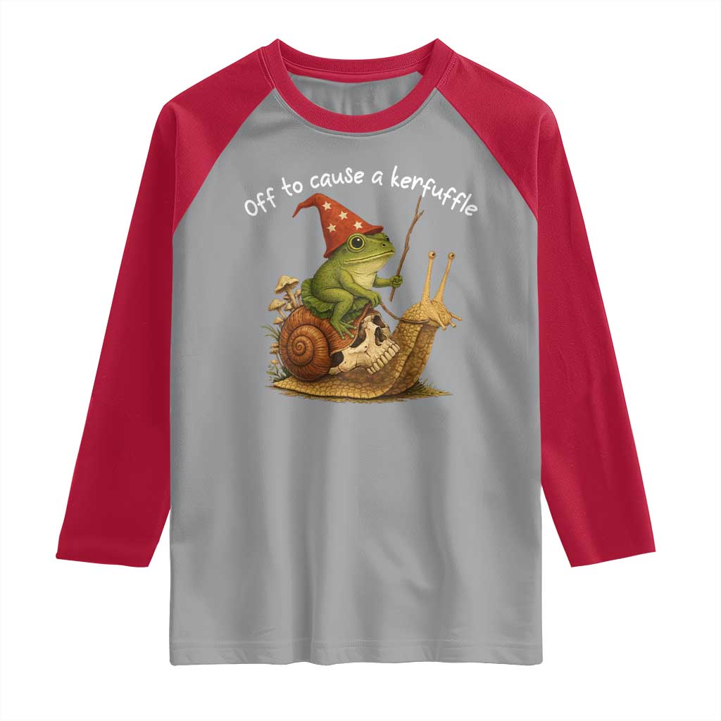 Whimsical Frog Wizard Meme Raglan Shirt Off to Cause A Kerfuffle TS10 Sport Gray Red Print Your Wear