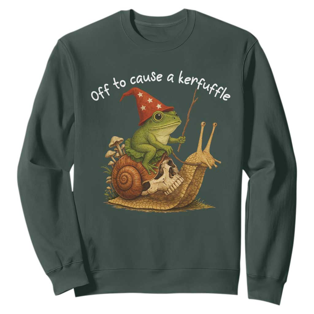 Whimsical Frog Wizard Meme Sweatshirt Off to Cause A Kerfuffle TS10 Dark Forest Green Print Your Wear