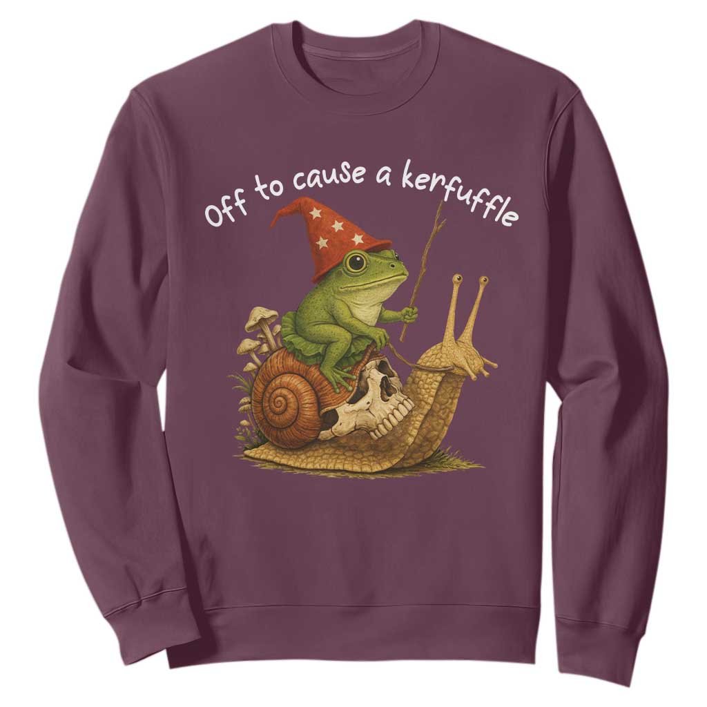 Whimsical Frog Wizard Meme Sweatshirt Off to Cause A Kerfuffle TS10 Maroon Print Your Wear