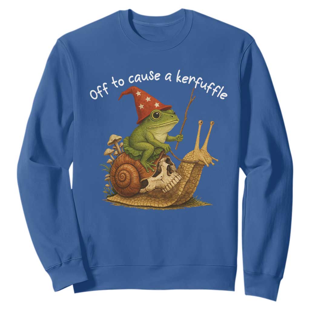 Whimsical Frog Wizard Meme Sweatshirt Off to Cause A Kerfuffle TS10 Royal Blue Print Your Wear