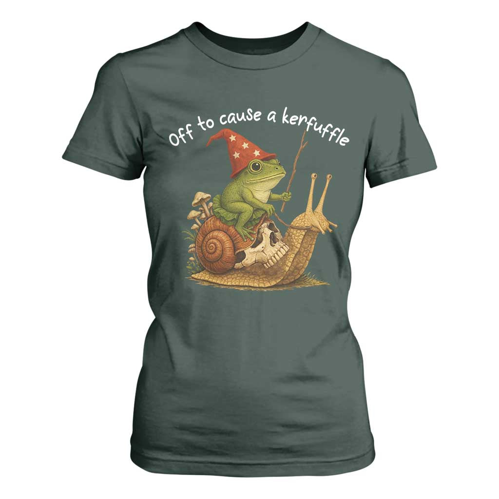 Whimsical Frog Wizard Meme T Shirt For Women Off to Cause A Kerfuffle TS10 Dark Forest Green Print Your Wear