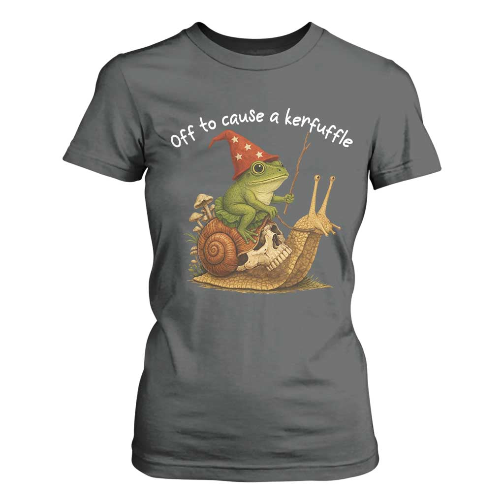Whimsical Frog Wizard Meme T Shirt For Women Off to Cause A Kerfuffle TS10 Dark Heather Print Your Wear