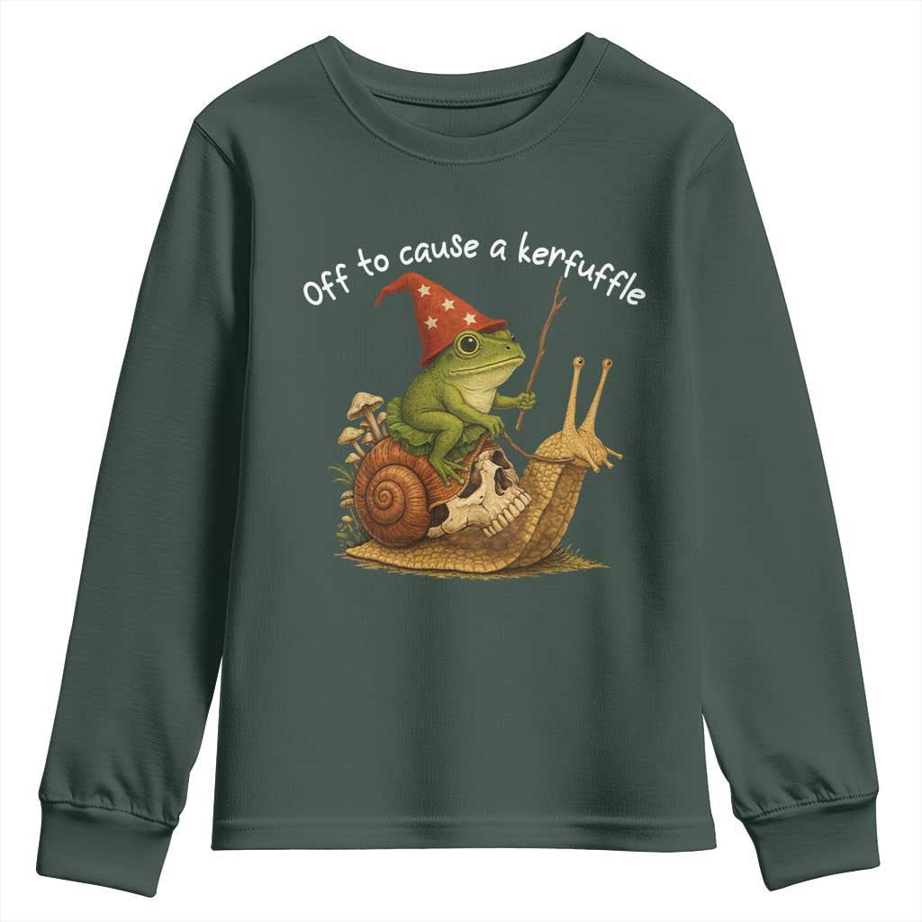 Whimsical Frog Wizard Meme Youth Sweatshirt Off to Cause A Kerfuffle TS10 Dark Forest Green Print Your Wear