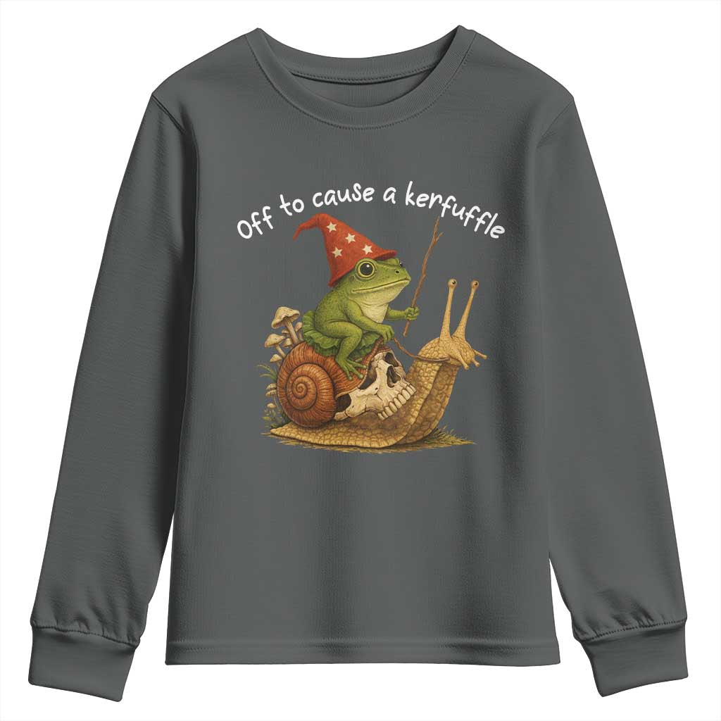 Whimsical Frog Wizard Meme Youth Sweatshirt Off to Cause A Kerfuffle TS10 Dark Heather Print Your Wear