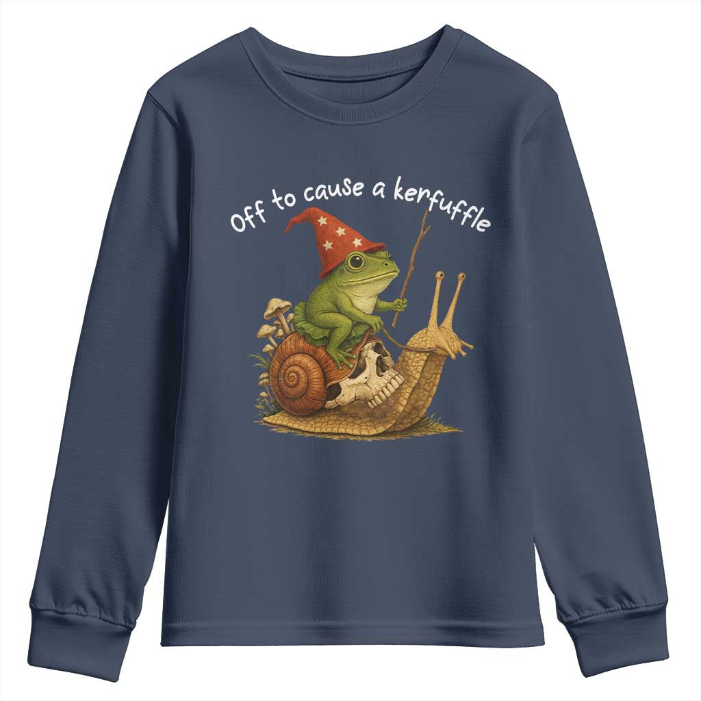 Whimsical Frog Wizard Meme Youth Sweatshirt Off to Cause A Kerfuffle TS10 Navy Print Your Wear