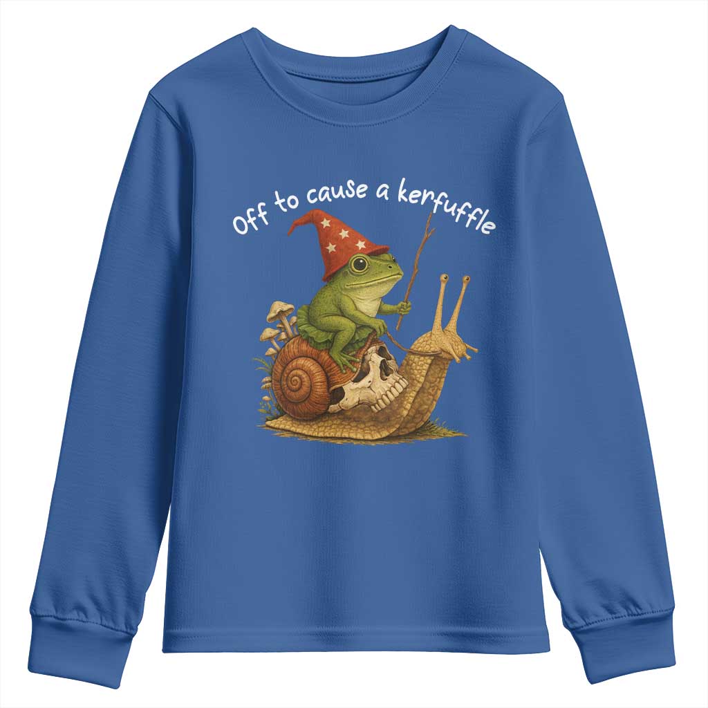 Whimsical Frog Wizard Meme Youth Sweatshirt Off to Cause A Kerfuffle TS10 Royal Blue Print Your Wear