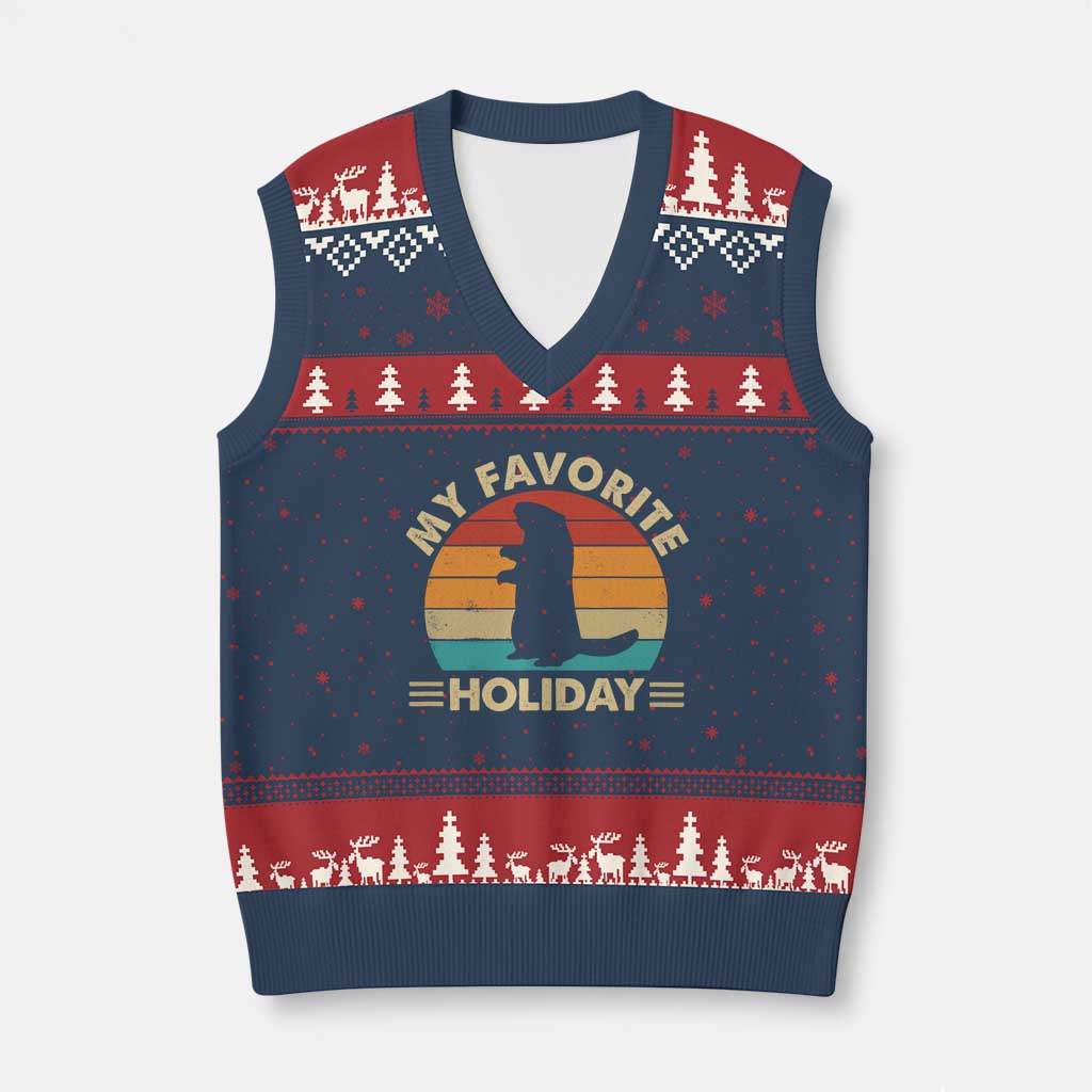 Groundhog Day V-Neck Knit Sweater Vest My Favorite Holiday Retro Woodchuck TS10 Navy Red Print Your Wear