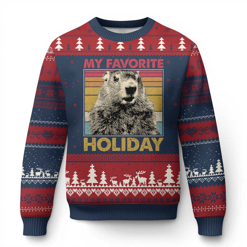 Groundhog Day Ugly Christmas Sweater Retro My Favorite Holiday Retro Woodchuck TS10 Navy Red Print Your Wear
