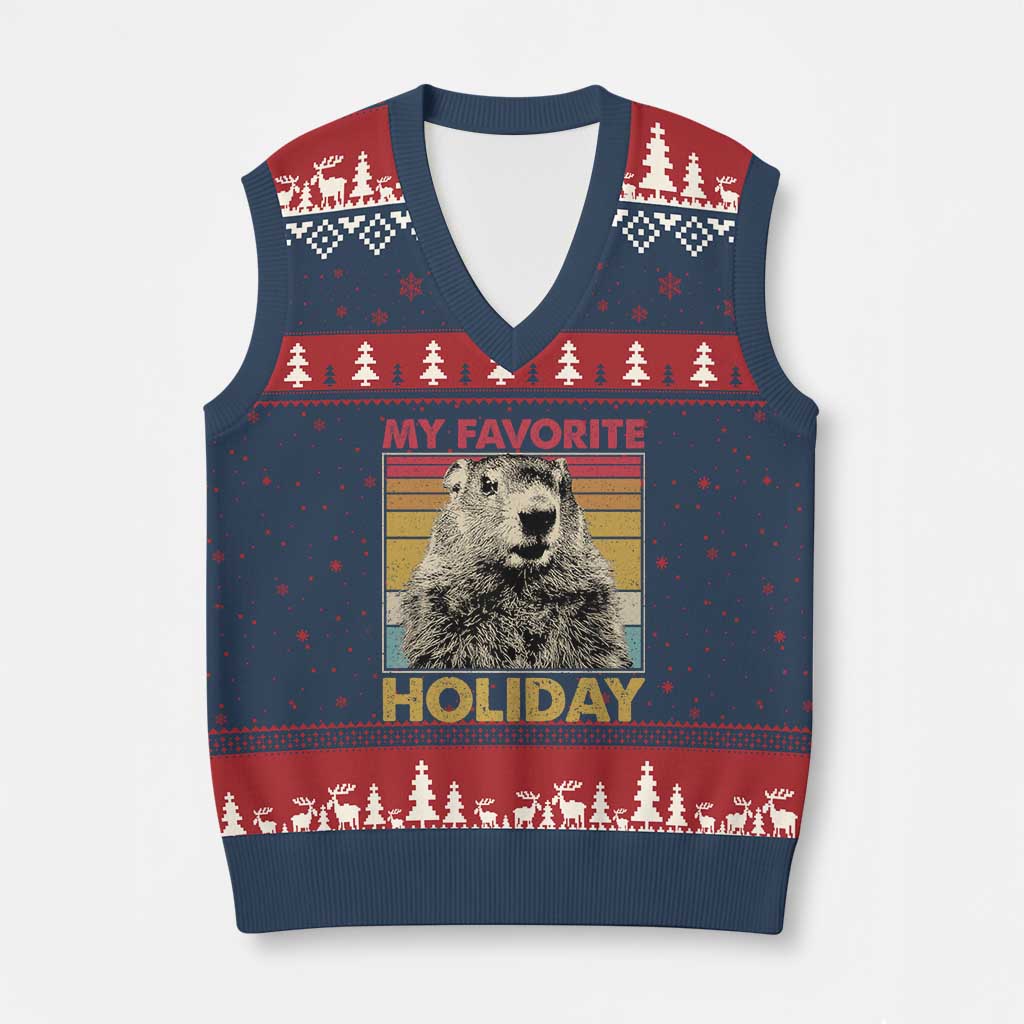 Groundhog Day V-Neck Knit Sweater Vest Retro My Favorite Holiday Retro Woodchuck TS10 Navy Red Print Your Wear