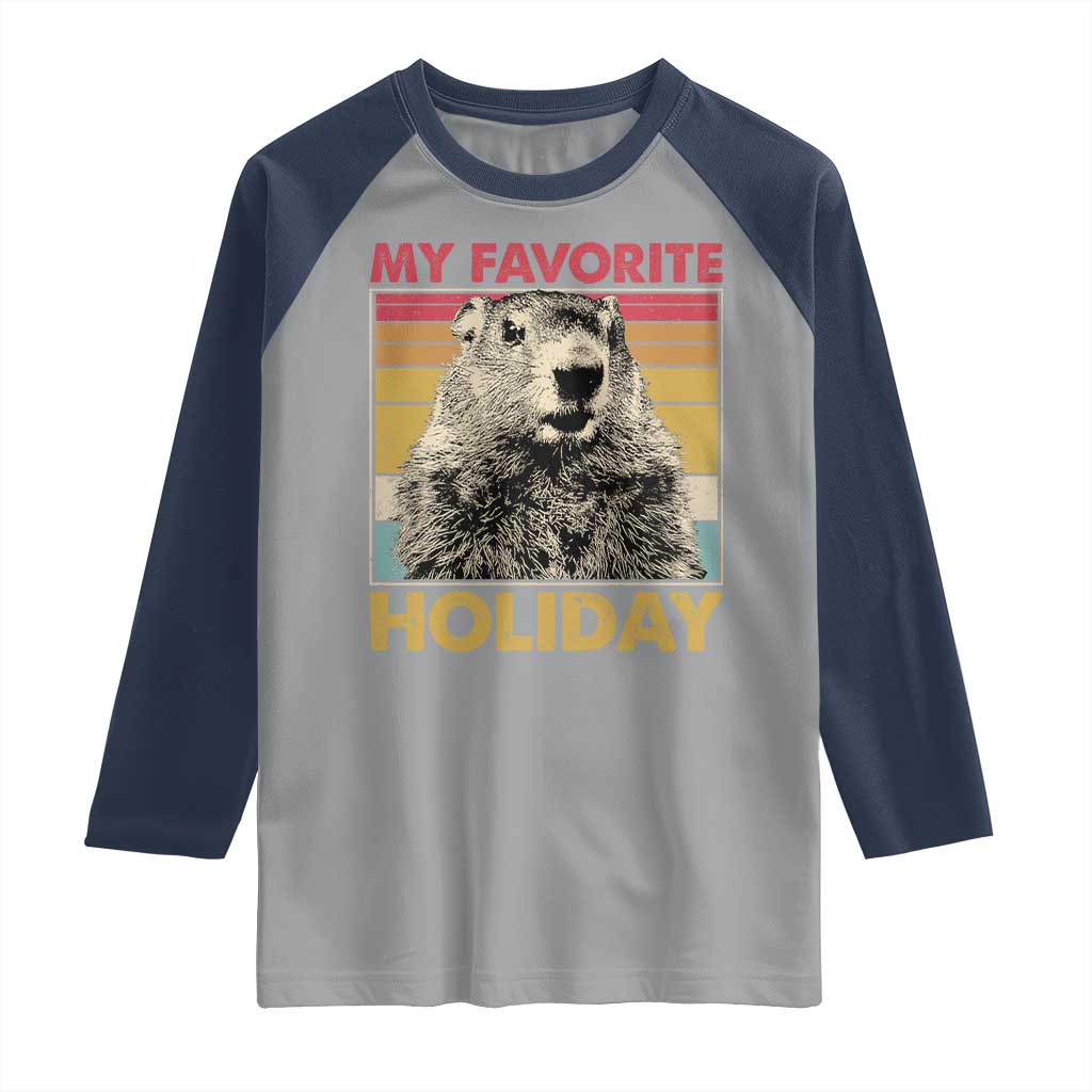 Groundhog Day Raglan Shirt Retro My Favorite Holiday Retro Woodchuck TS10 Sport Gray Navy Print Your Wear