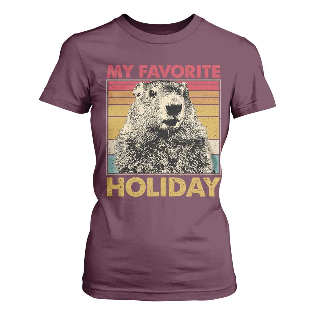 Groundhog Day T Shirt For Women Retro My Favorite Holiday Retro Woodchuck TS10 Maroon Print Your Wear