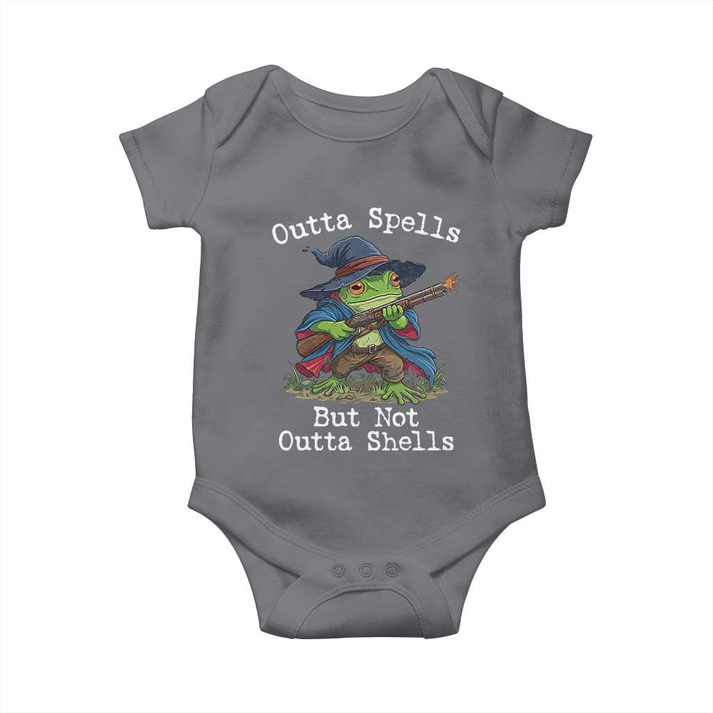 Wizard Frog Meme Baby Onesie Outta Spells But Not Outta Shells TS10 Charcoal Print Your Wear