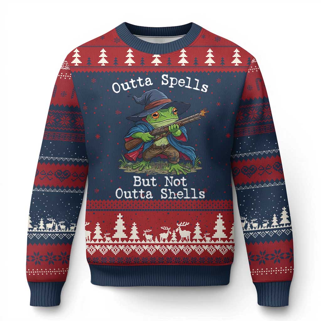 Wizard Frog Meme Ugly Christmas Sweater Outta Spells But Not Outta Shells TS10 Navy Red Print Your Wear