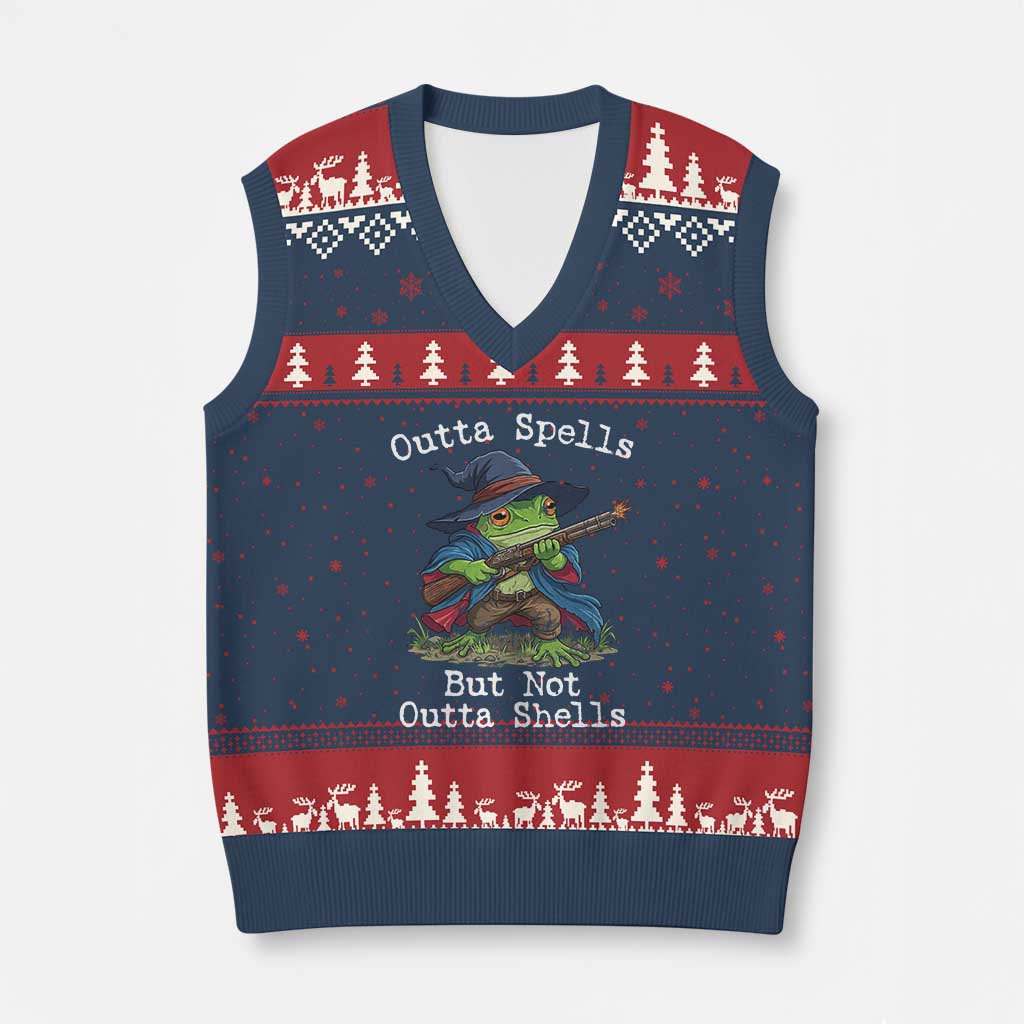 Wizard Frog Meme V-Neck Knit Sweater Vest Outta Spells But Not Outta Shells TS10 Navy Red Print Your Wear
