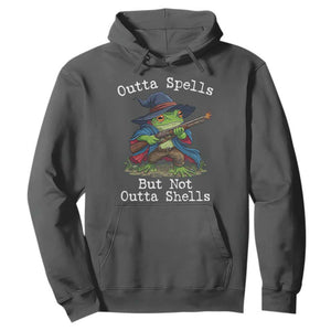 Wizard Frog Meme Hoodie Outta Spells But Not Outta Shells TS10 Dark Heather Print Your Wear