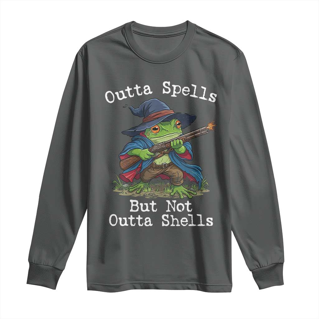 Wizard Frog Meme Long Sleeve Shirt Outta Spells But Not Outta Shells TS10 Dark Heather Print Your Wear