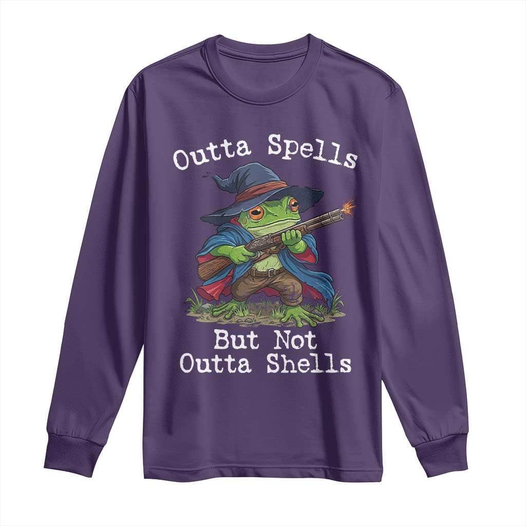 Wizard Frog Meme Long Sleeve Shirt Outta Spells But Not Outta Shells TS10 Purple Print Your Wear