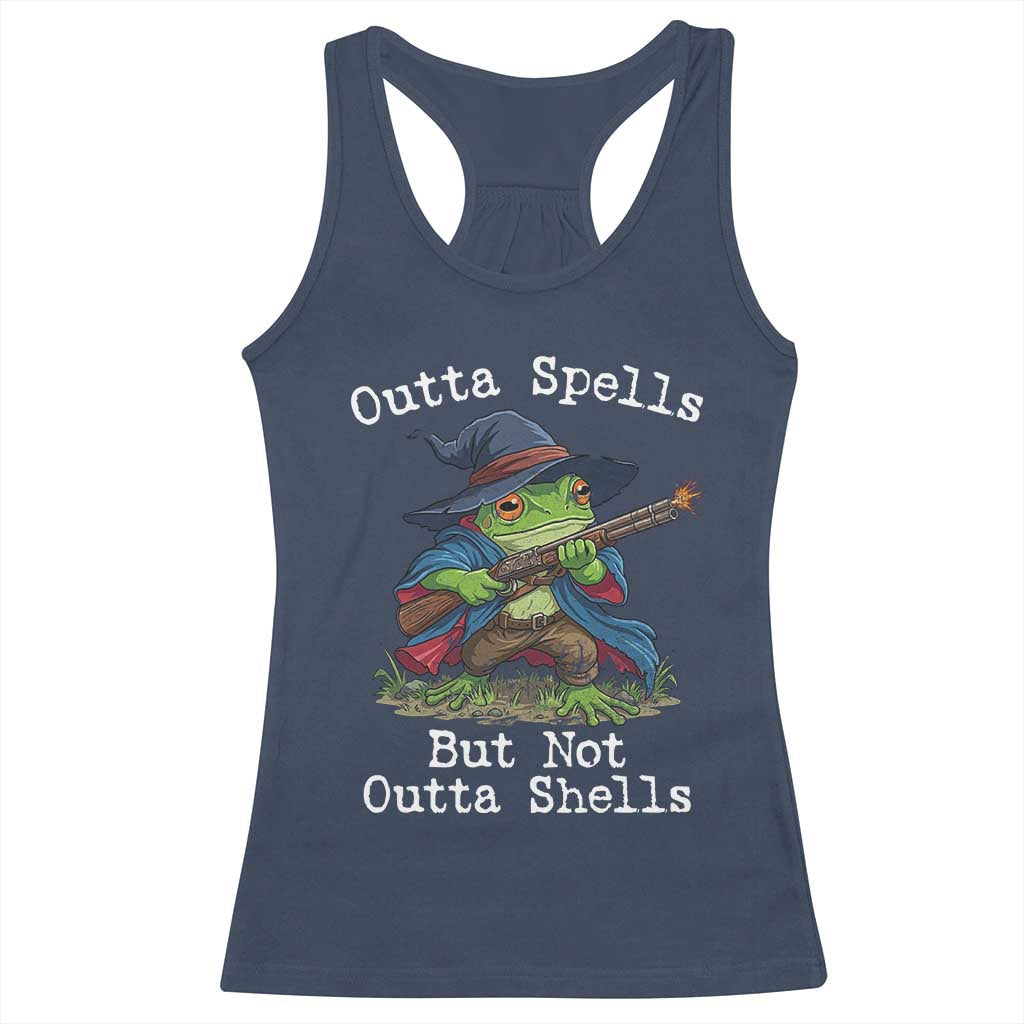 Wizard Frog Meme Racerback Tank Top Outta Spells But Not Outta Shells TS10 Navy Print Your Wear