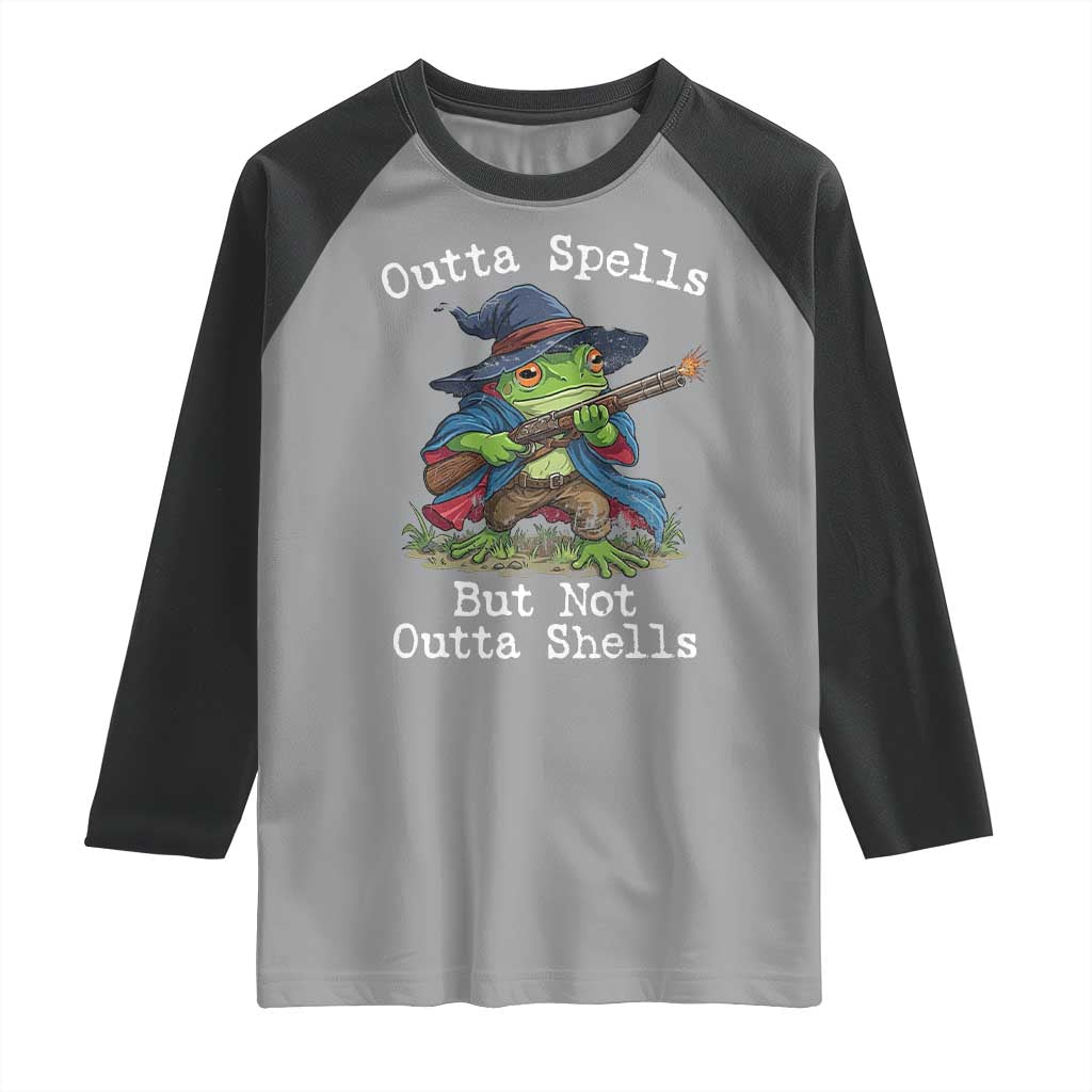 Wizard Frog Meme Raglan Shirt Outta Spells But Not Outta Shells TS10 Sport Gray Black Print Your Wear
