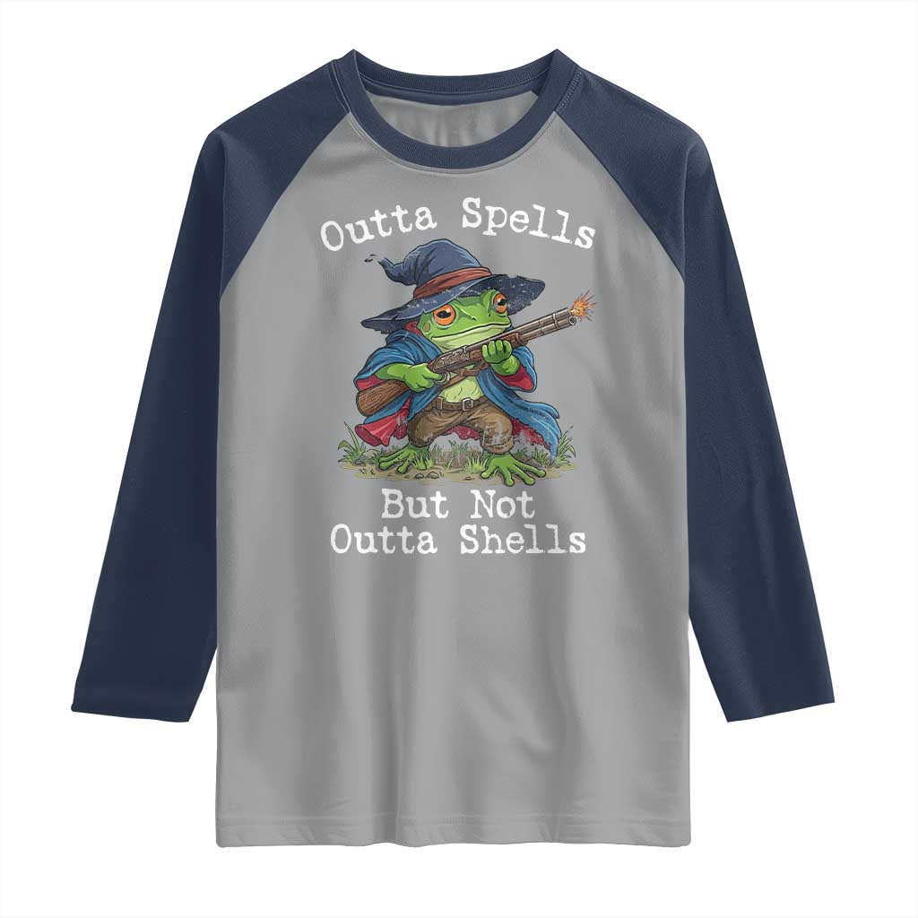 Wizard Frog Meme Raglan Shirt Outta Spells But Not Outta Shells TS10 Sport Gray Navy Print Your Wear
