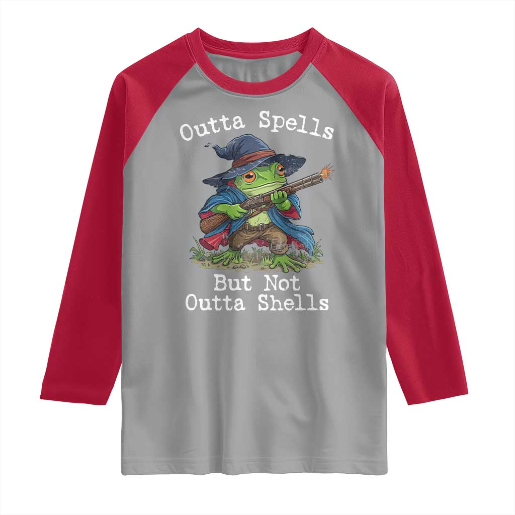 Wizard Frog Meme Raglan Shirt Outta Spells But Not Outta Shells TS10 Sport Gray Red Print Your Wear