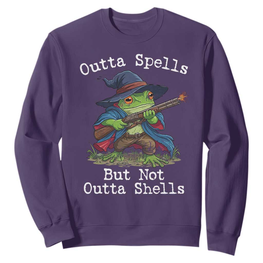 Wizard Frog Meme Sweatshirt Outta Spells But Not Outta Shells TS10 Purple Print Your Wear