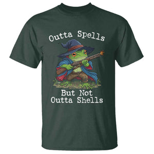 Wizard Frog Meme T Shirt Outta Spells But Not Outta Shells TS10 Dark Forest Green Print Your Wear