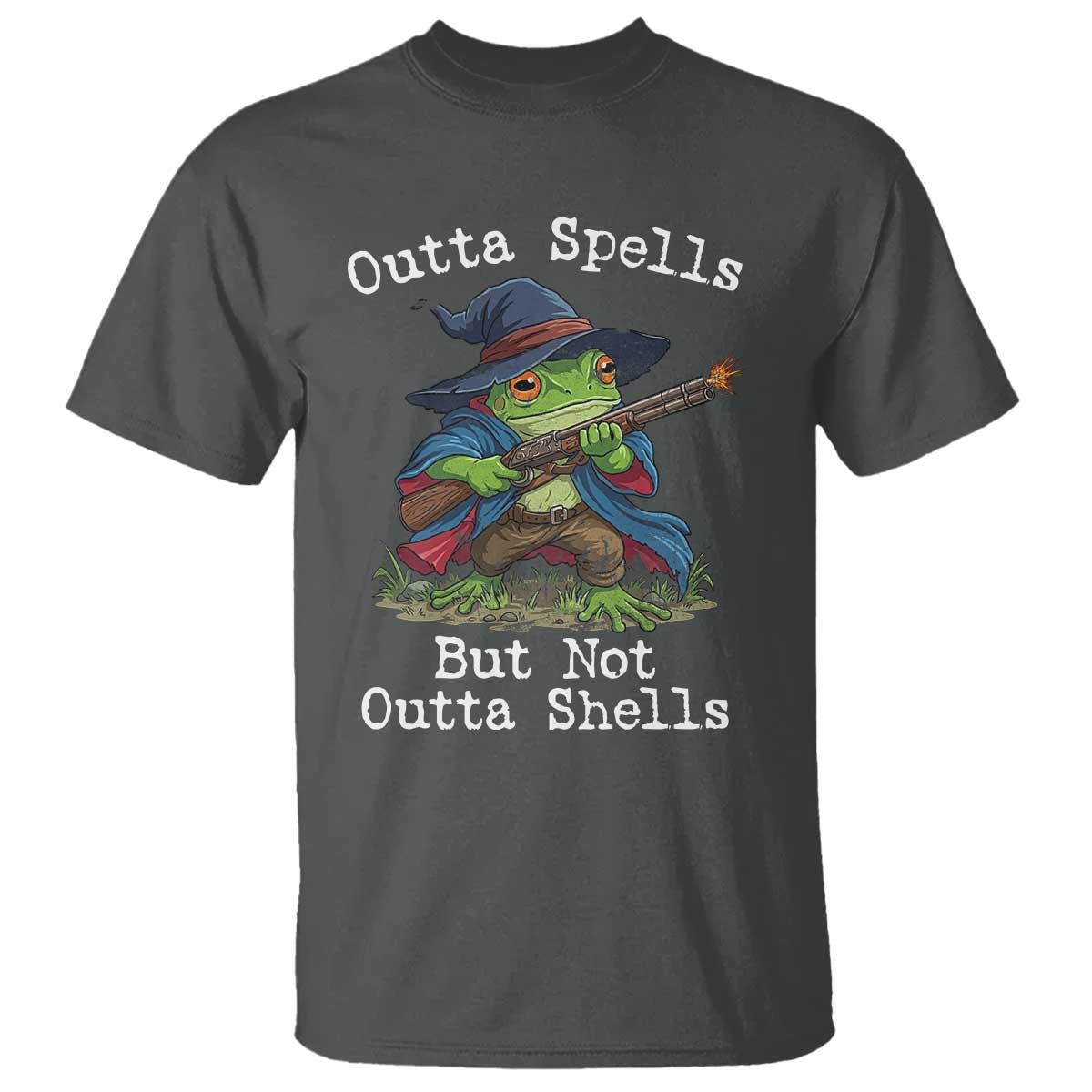 Wizard Frog Meme T Shirt Outta Spells But Not Outta Shells TS10 Dark Heather Print Your Wear