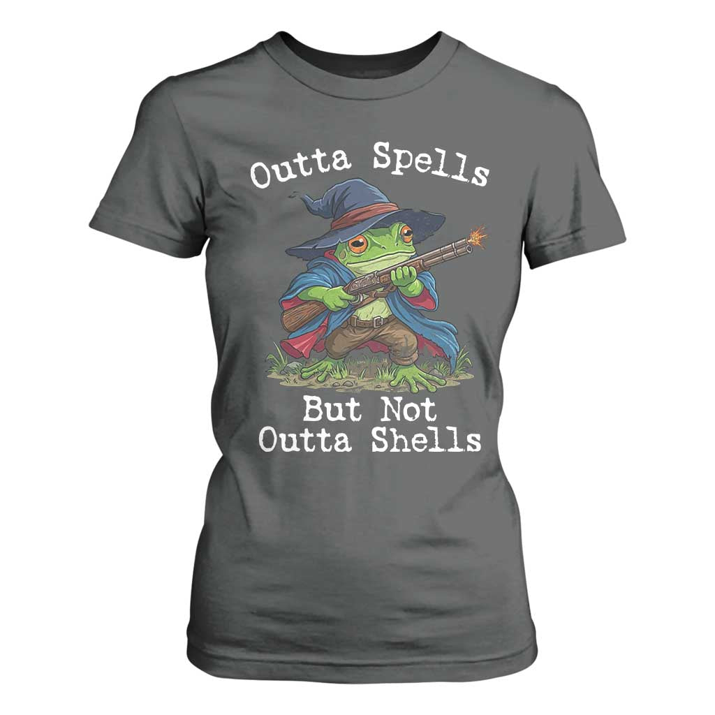 Wizard Frog Meme T Shirt For Women Outta Spells But Not Outta Shells TS10 Dark Heather Print Your Wear