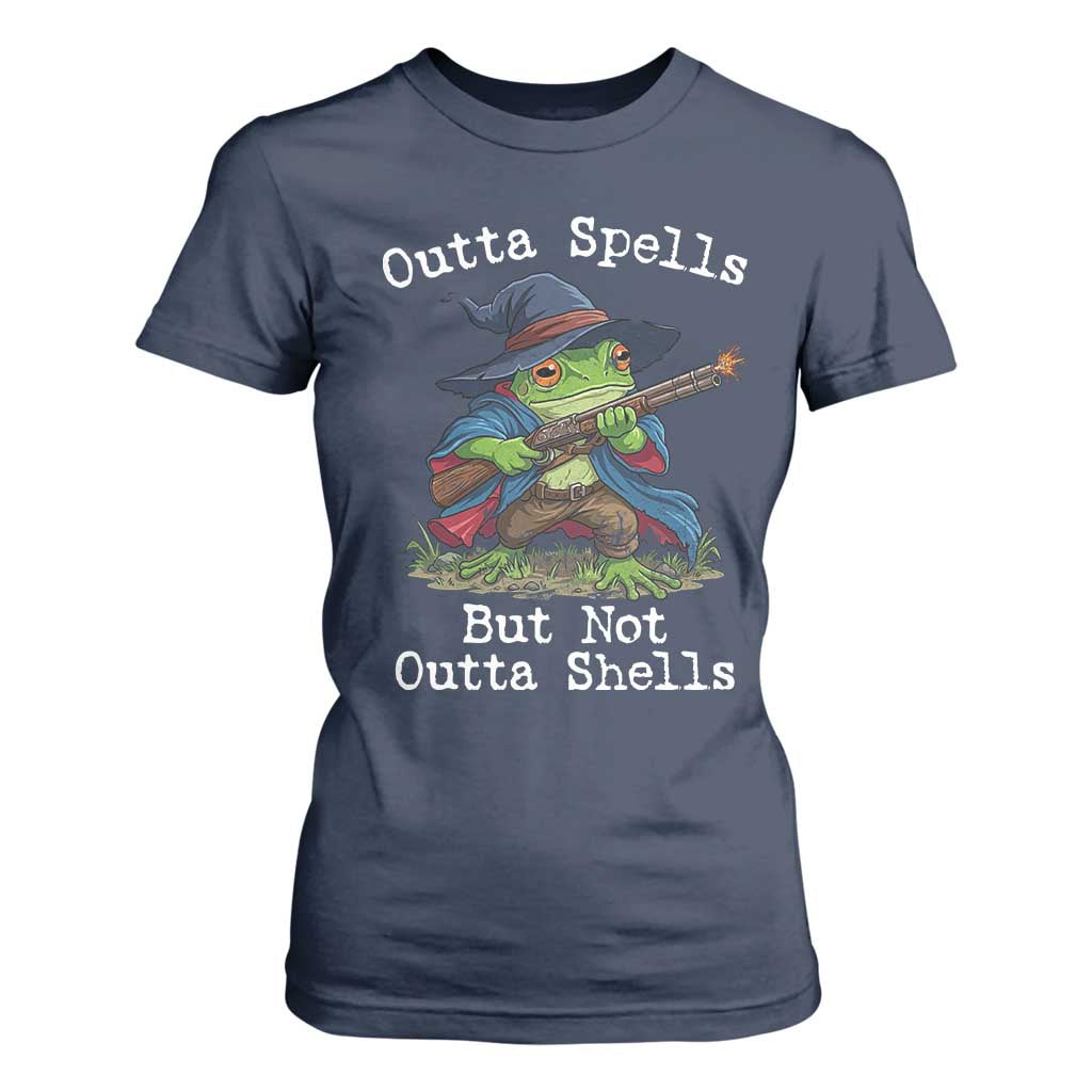 Wizard Frog Meme T Shirt For Women Outta Spells But Not Outta Shells TS10 Navy Print Your Wear