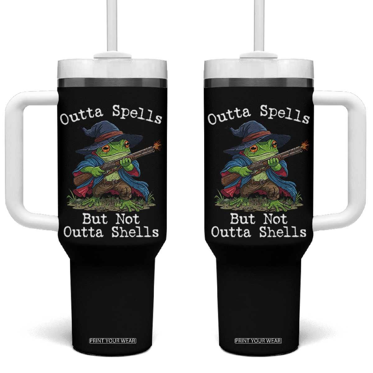 Wizard Frog Meme Tumbler With Handle Outta Spells But Not Outta Shells TS10 One Size: 40 oz Black Print Your Wear