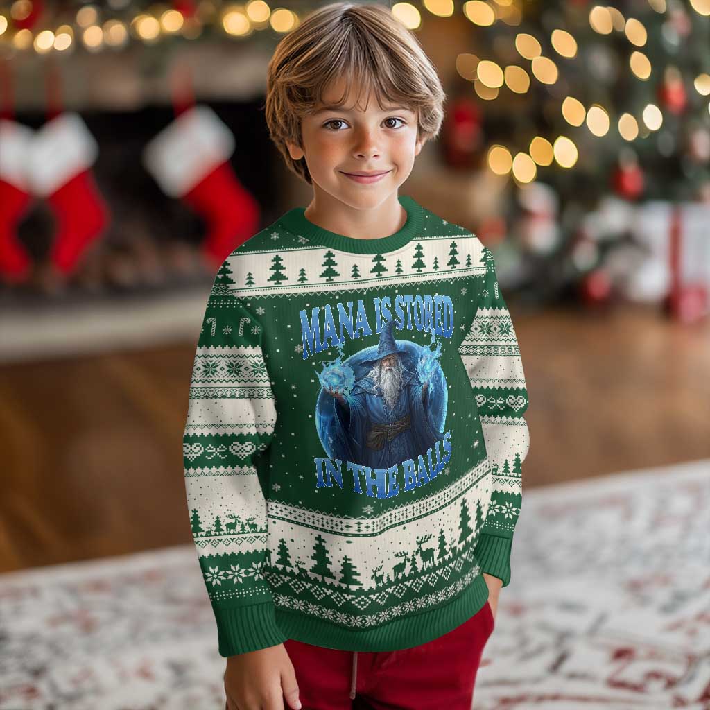 Funny Wizard Ugly Christmas Sweater Mana is Stored in The Balls Magician Sorcerer Witcher TS10 Forest Green Beige Print Your Wear