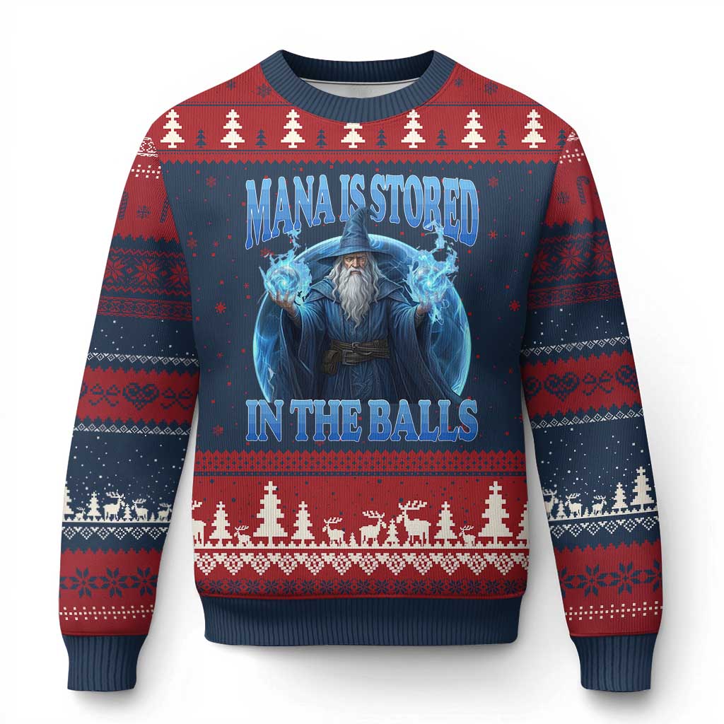 Funny Wizard Ugly Christmas Sweater Mana is Stored in The Balls Magician Sorcerer Witcher TS10 Navy Red Print Your Wear