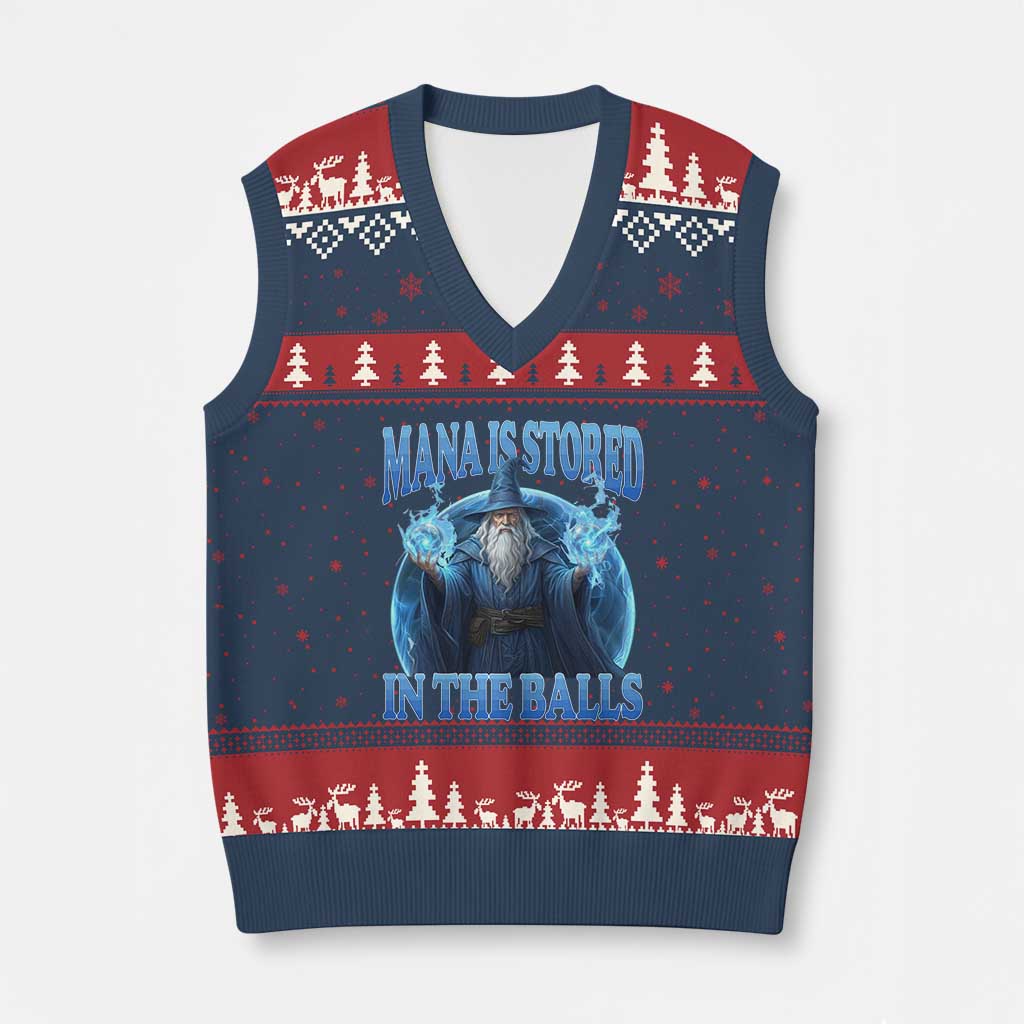 Funny Wizard V-Neck Knit Sweater Vest Mana is Stored in The Balls Magician Sorcerer Witcher TS10 Navy Red Print Your Wear