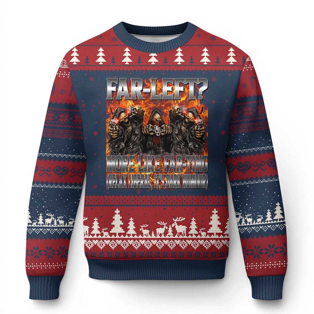 Funny Hard Skeleton Meme Bootleg Ugly Christmas Sweater Far Left? More Like Farting TS10 Navy Red Print Your Wear