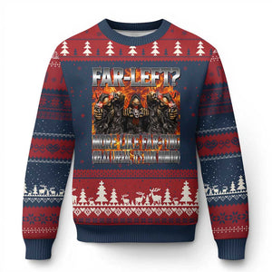 Funny Hard Skeleton Meme Bootleg Ugly Christmas Sweater Far Left? More Like Farting TS10 Navy Red Print Your Wear
