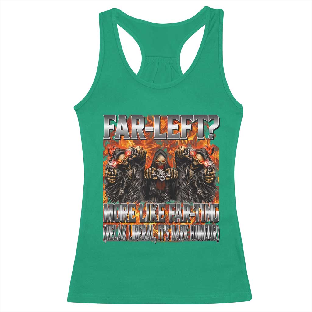 Funny Hard Skeleton Meme Bootleg Racerback Tank Top Far Left? More Like Farting TS10 Irish Green Print Your Wear