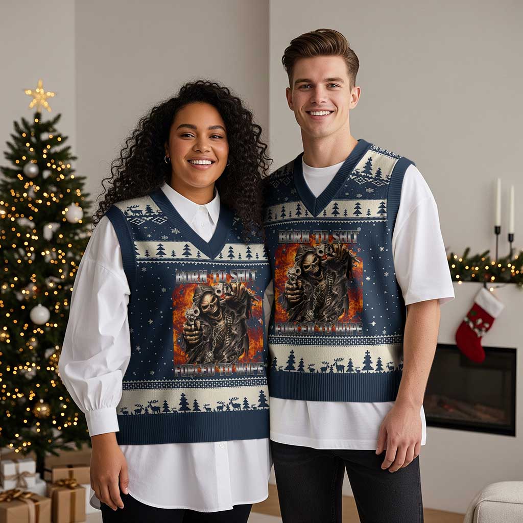 Funny Evil Skeleton Meme V-Neck Knit Sweater Vest Born to Shit Forced to Wipe TS10 Navy Beige Print Your Wear