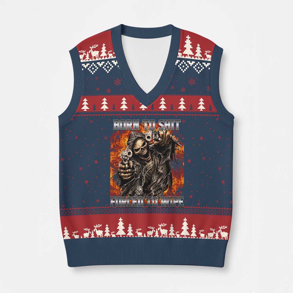 Funny Evil Skeleton Meme V-Neck Knit Sweater Vest Born to Shit Forced to Wipe TS10 Navy Red Print Your Wear