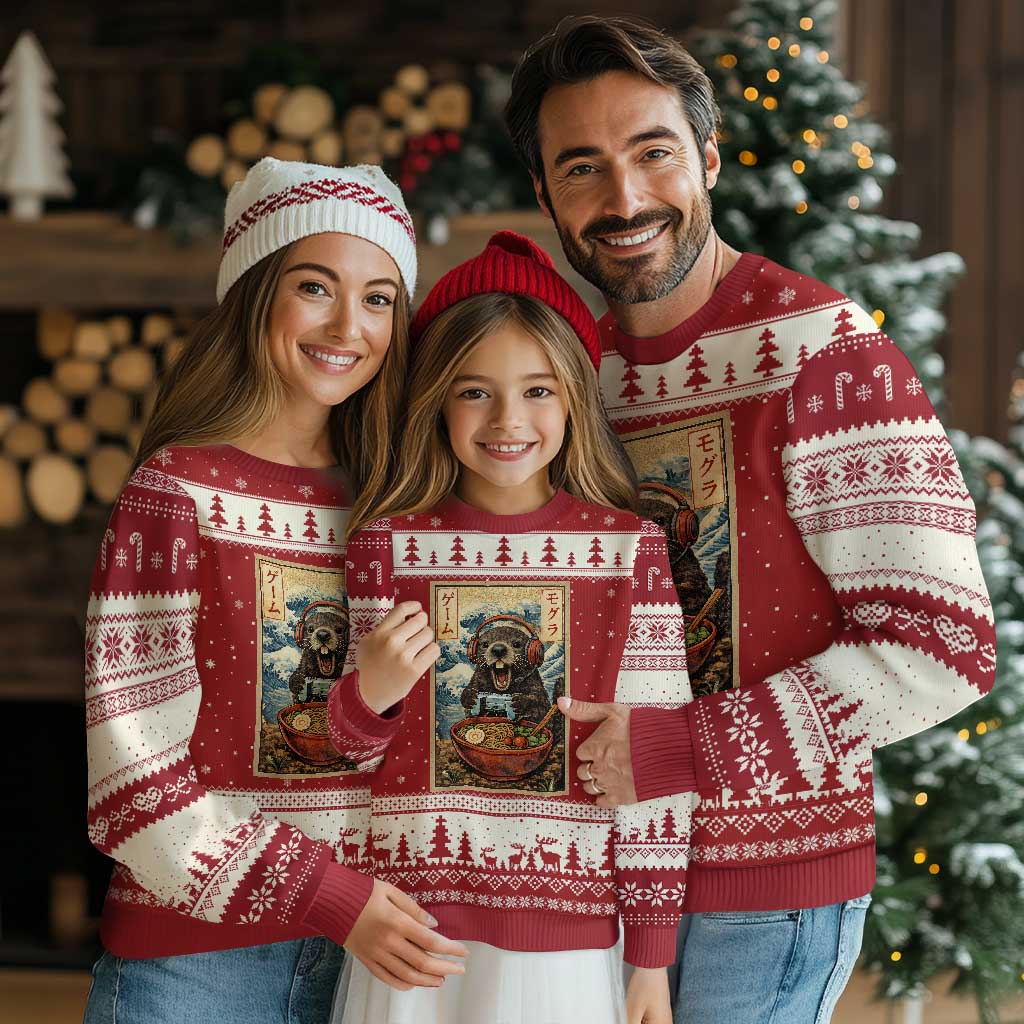 Cute Kawaii Gamer Groundhog Ugly Christmas Sweater Funny Japanese Ramen Anime Otaku Fan Gift TS10 Red Beige Print Your Wear