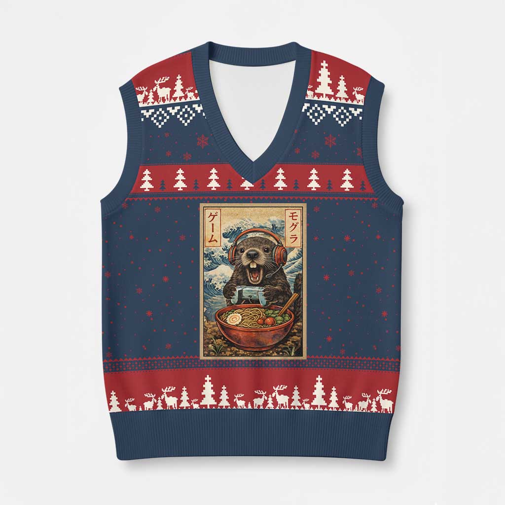 Cute Kawaii Gamer Groundhog V-Neck Knit Sweater Vest Funny Japanese Ramen Anime Otaku Fan Gift TS10 Navy Red Print Your Wear