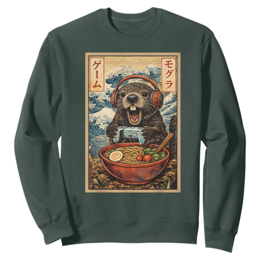 Cute Kawaii Gamer Groundhog Sweatshirt Funny Japanese Ramen Anime Otaku Fan Gift TS10 Dark Forest Green Print Your Wear