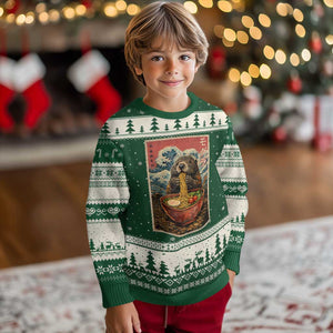 Japanese Groundhog Ramen Noodles Ugly Christmas Sweater Funny Kawaii Anime TS10 Forest Green Beige Print Your Wear