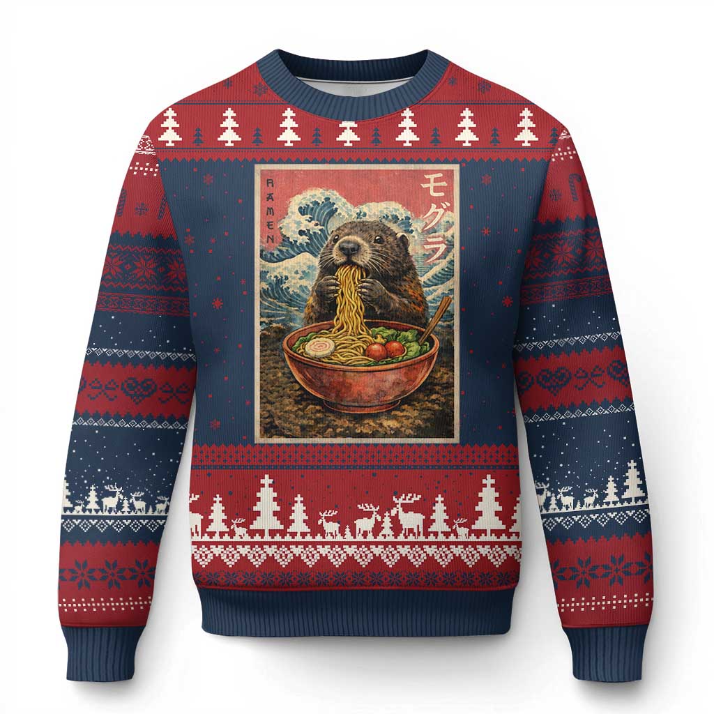 Japanese Groundhog Ramen Noodles Ugly Christmas Sweater Funny Kawaii Anime TS10 Navy Red Print Your Wear