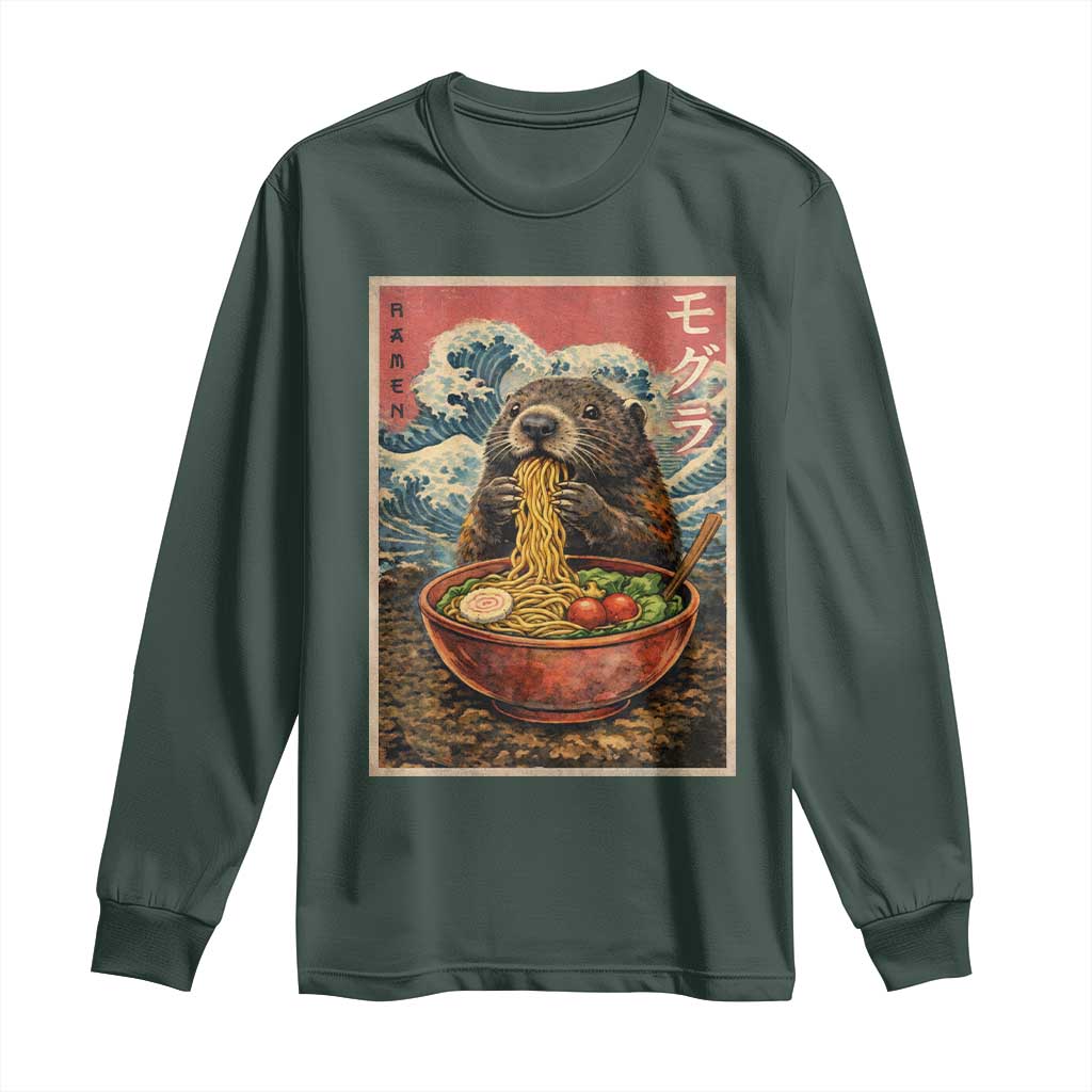 Japanese Groundhog Ramen Noodles Long Sleeve Shirt Funny Kawaii Anime TS10 Dark Forest Green Print Your Wear