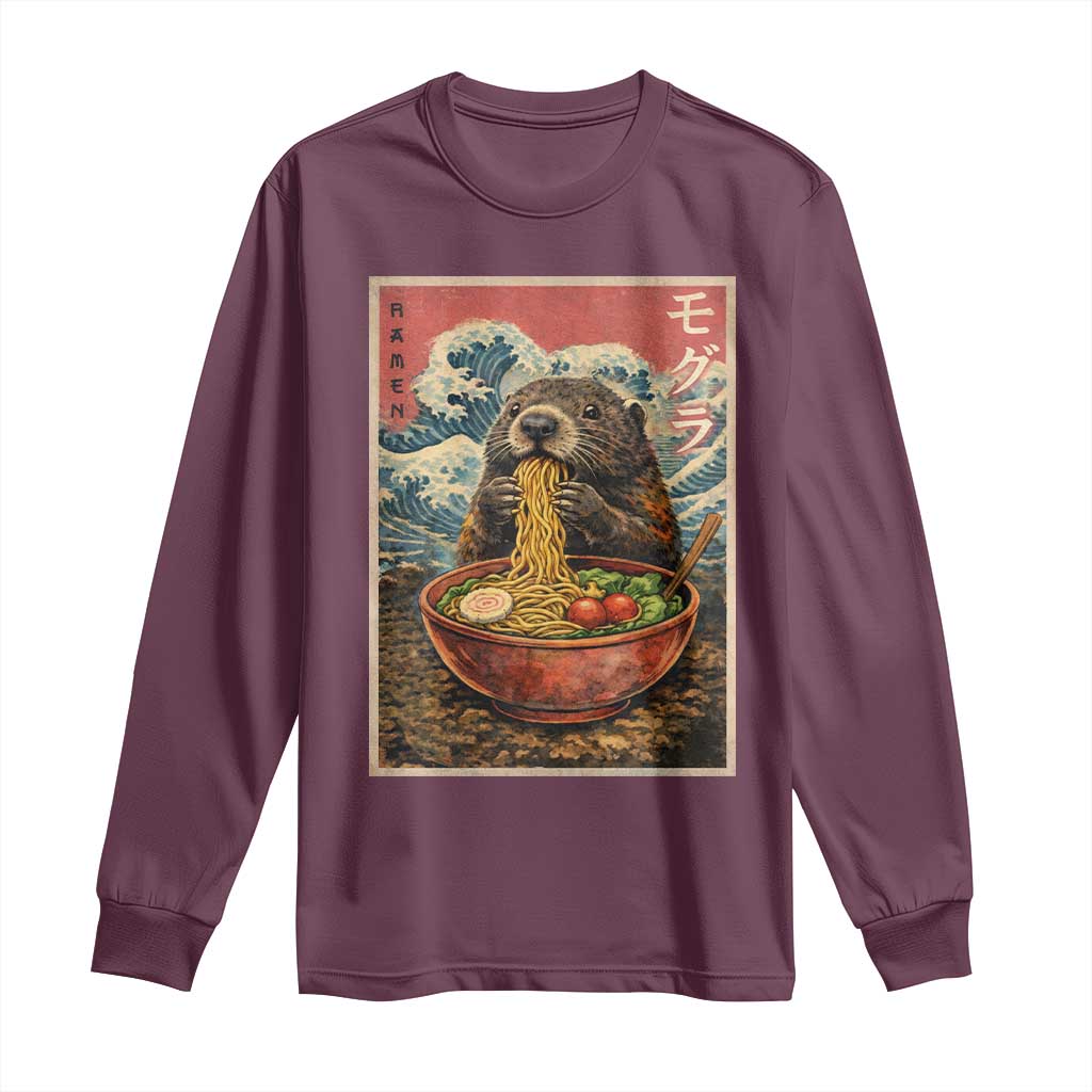 Japanese Groundhog Ramen Noodles Long Sleeve Shirt Funny Kawaii Anime TS10 Maroon Print Your Wear