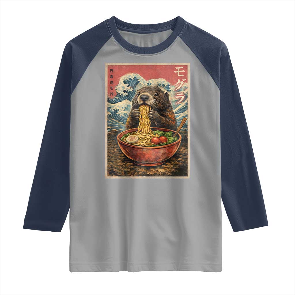 Japanese Groundhog Ramen Noodles Raglan Shirt Funny Kawaii Anime TS10 Sport Gray Navy Print Your Wear