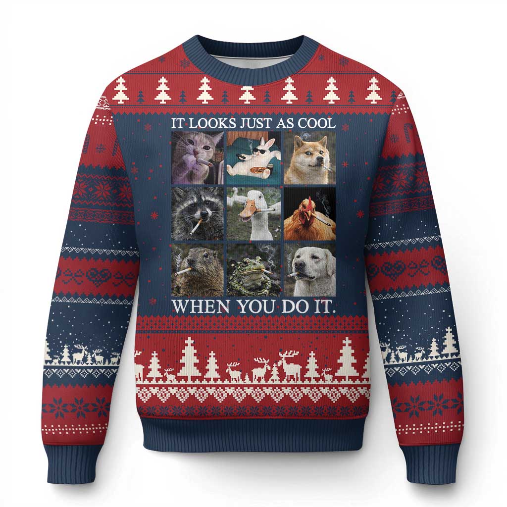 Animals Smoking Cigarettes Meme Ugly Christmas Sweater It Looks Just as Cool When You Do It TS10 Navy Red Print Your Wear