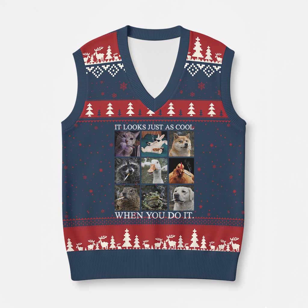 Animals Smoking Cigarettes Meme V-Neck Knit Sweater Vest It Looks Just as Cool When You Do It TS10 Navy Red Print Your Wear