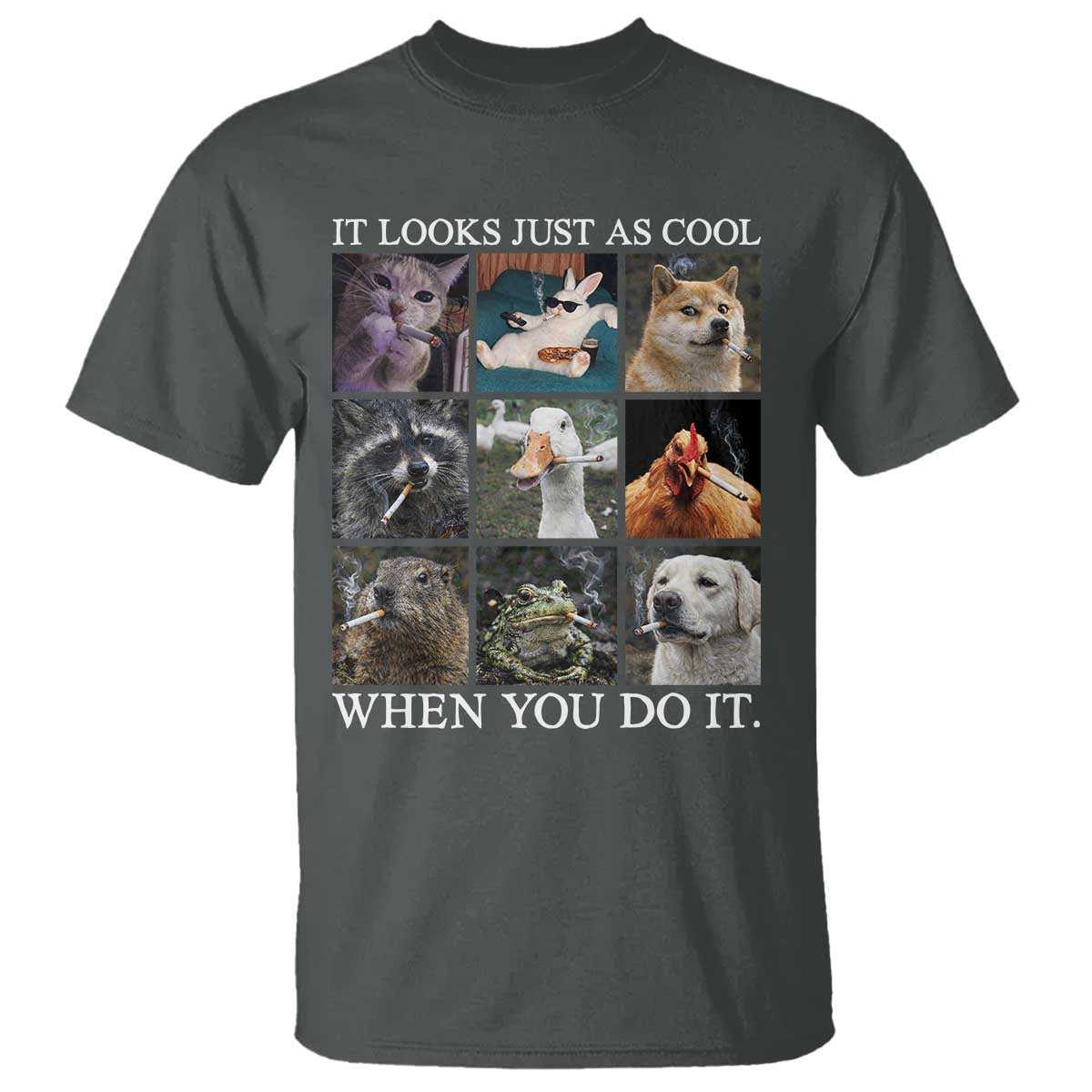 Animals Smoking Cigarettes Meme T Shirt It Looks Just as Cool When You Do It TS10 Dark Heather Print Your Wear